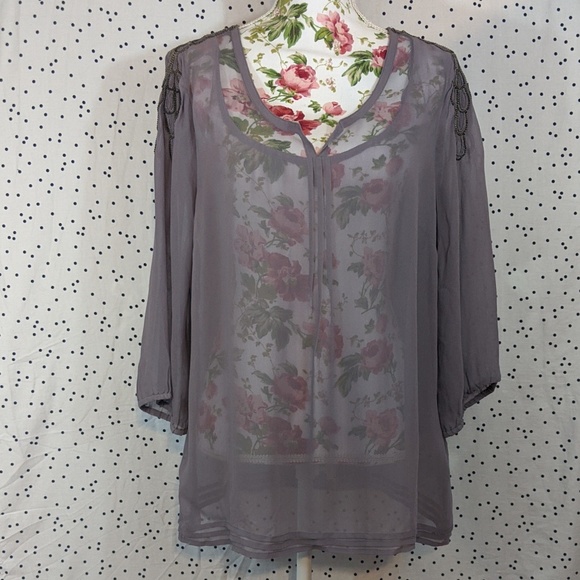 Cream Purple Sheer Top - Size 42 CA (US size 12) - Picture 2 of 7